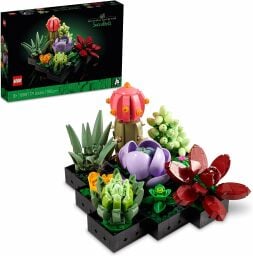 the Lego icons succulents display on a white background with the included box sitting behind it