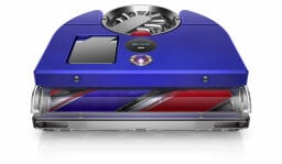 Dyson robot vacuum featuring blue exterior, an LCD screen, and purple and red roller brush