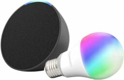 Amazon Basics smart color bulb with black Echo Pop speaker