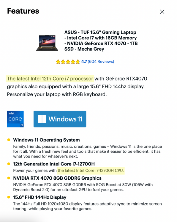 a screenshot of a best buy laptop listing with certain parts highlighted