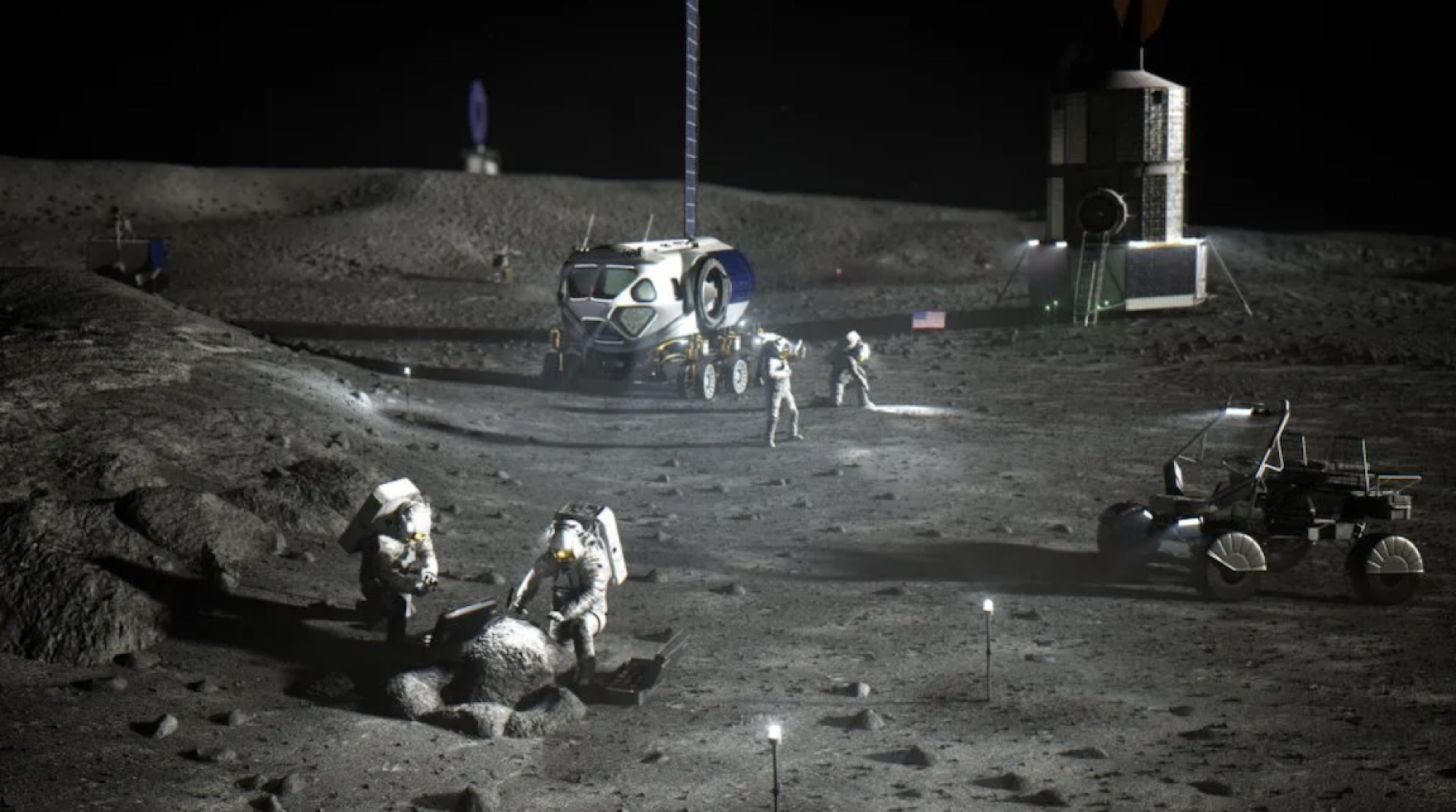 A conception of astronauts working in a crater in the moon's coveted south pole.