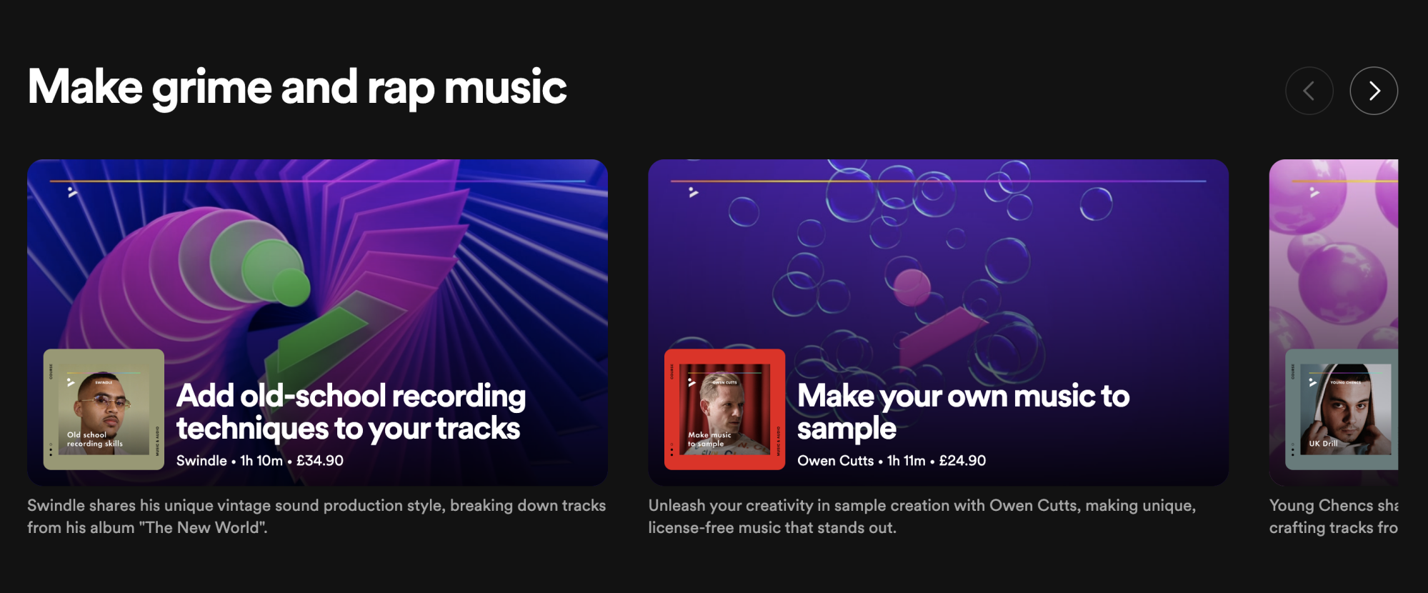 A screenshot of Spotify's courses for making rap and grime music.