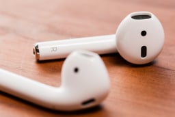 close-up of apple airpods 2 showing 'R' detail on right pod
