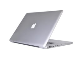 silver macbook pro on white background