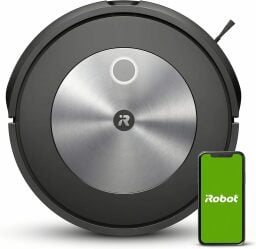 an iRobot Roomba j7 next to a smartphone displaying the irobot logo