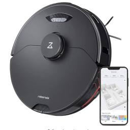 a robot vacuum and a smartphone displaying the accompanying app