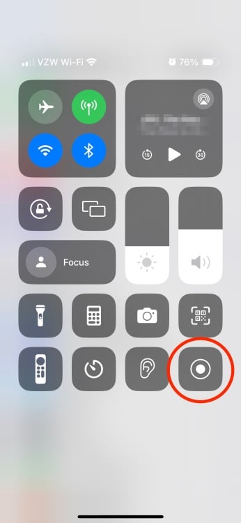 Control Center on an iPhone with the Start Recording button circled in red