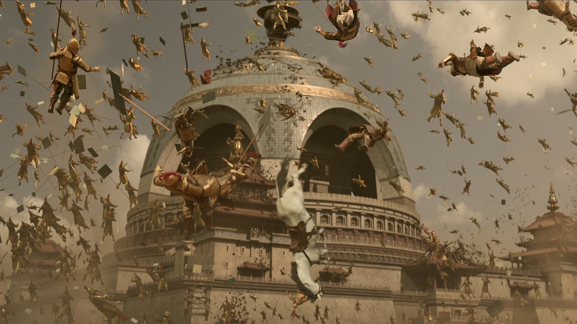 An army floats above an ornate dome.
