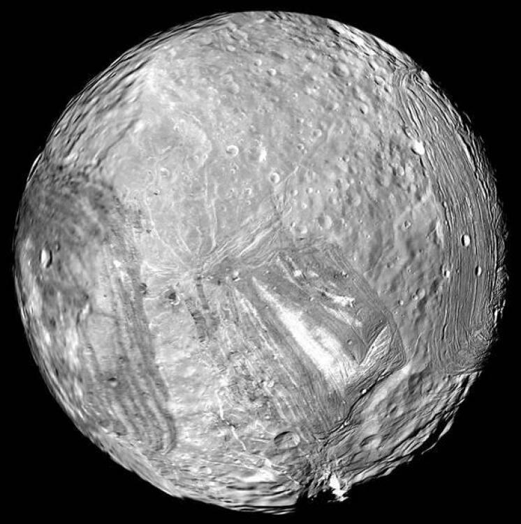 Uranus' icy moon Miranda, captured by Voyager 2 in 1986.