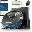 Shark robot vacuum, dock, attachments, and smartphone with cleaning app on screen
