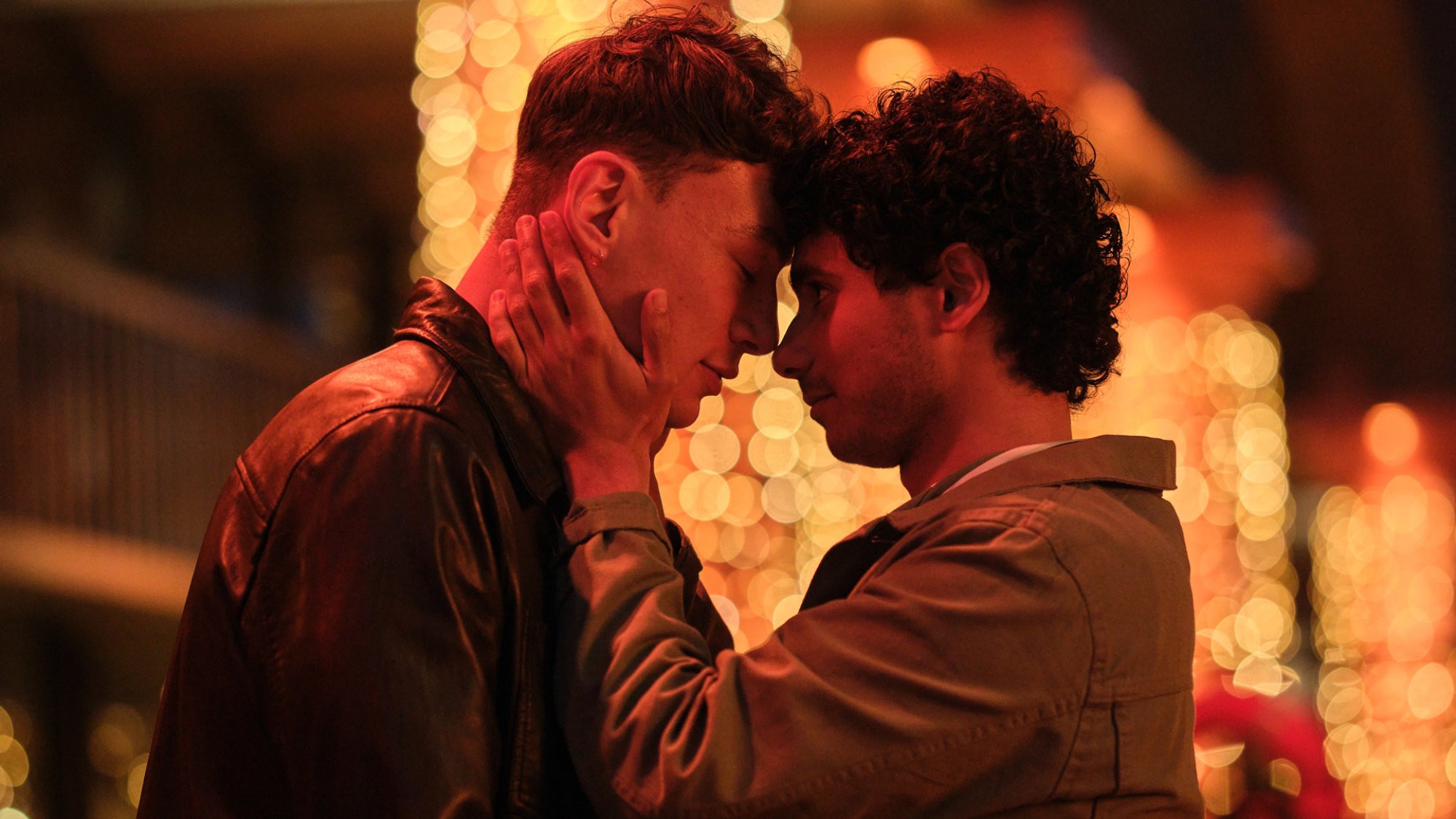 Marcus Hodson and Bilal Hasna touch foreheads in a romantic moment in "Dead Hot."