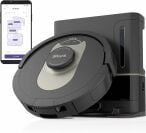 Shark robot vacuum, dock, and smartphone with home map on screen