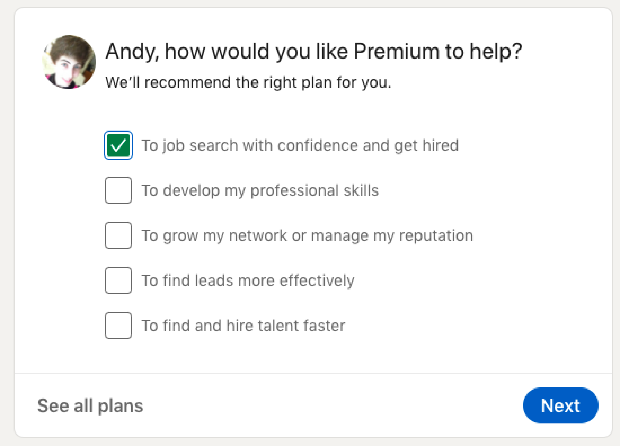 A screenshot of LinkedIn showing the option to "see all plans".