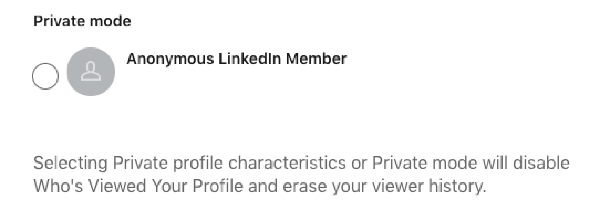 Screenshot of LinkedIn's "Private Mode" setting