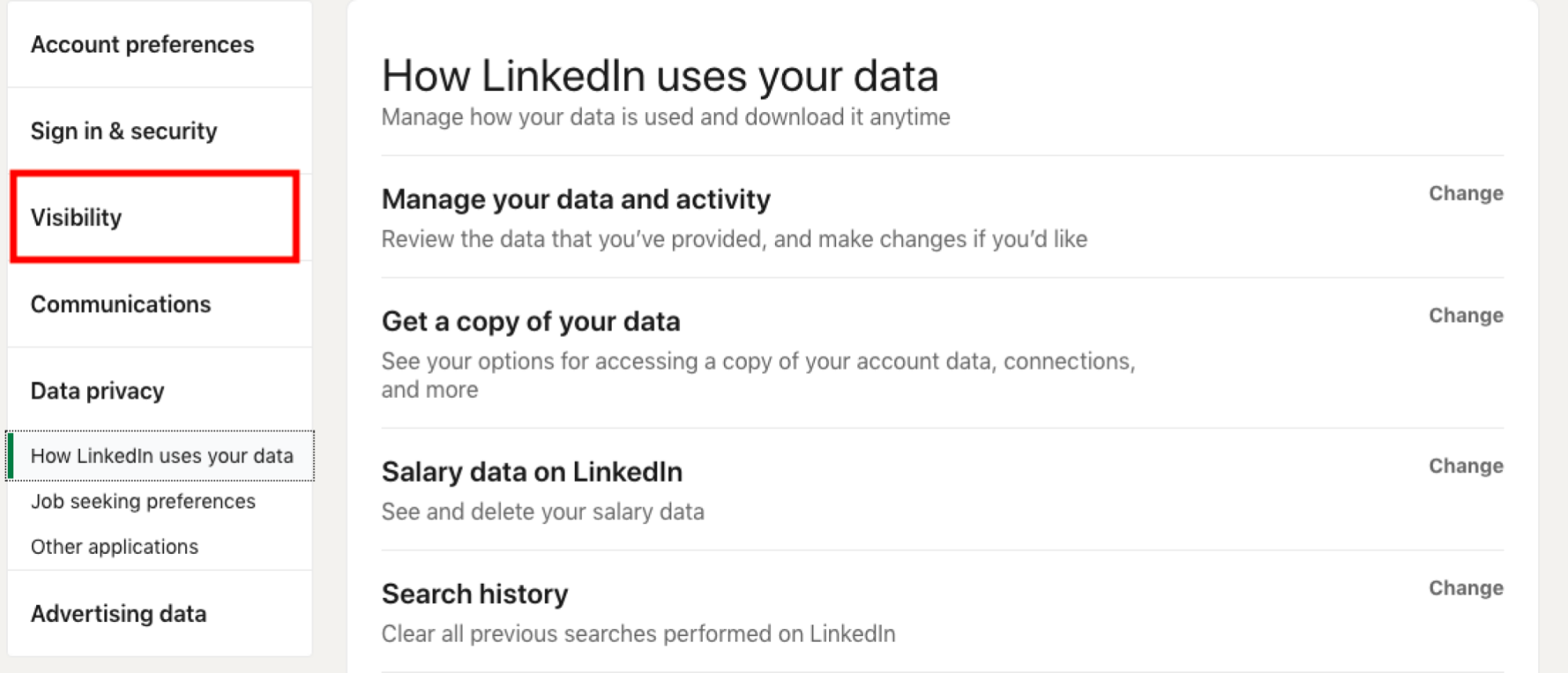 Screenshot of the LinkedIn "Account preferences" menu with "Visibility" highlighted.  