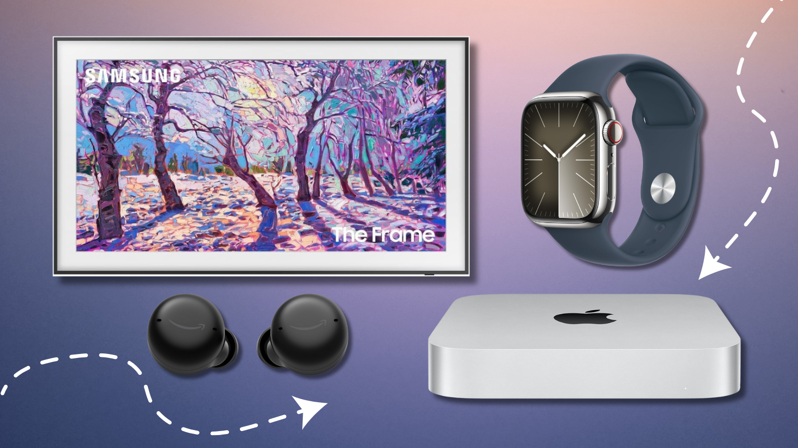 Samsung The Frame TV, Apple Watch, Amazon Echo Buds, and Mac Mini with purple gradient background