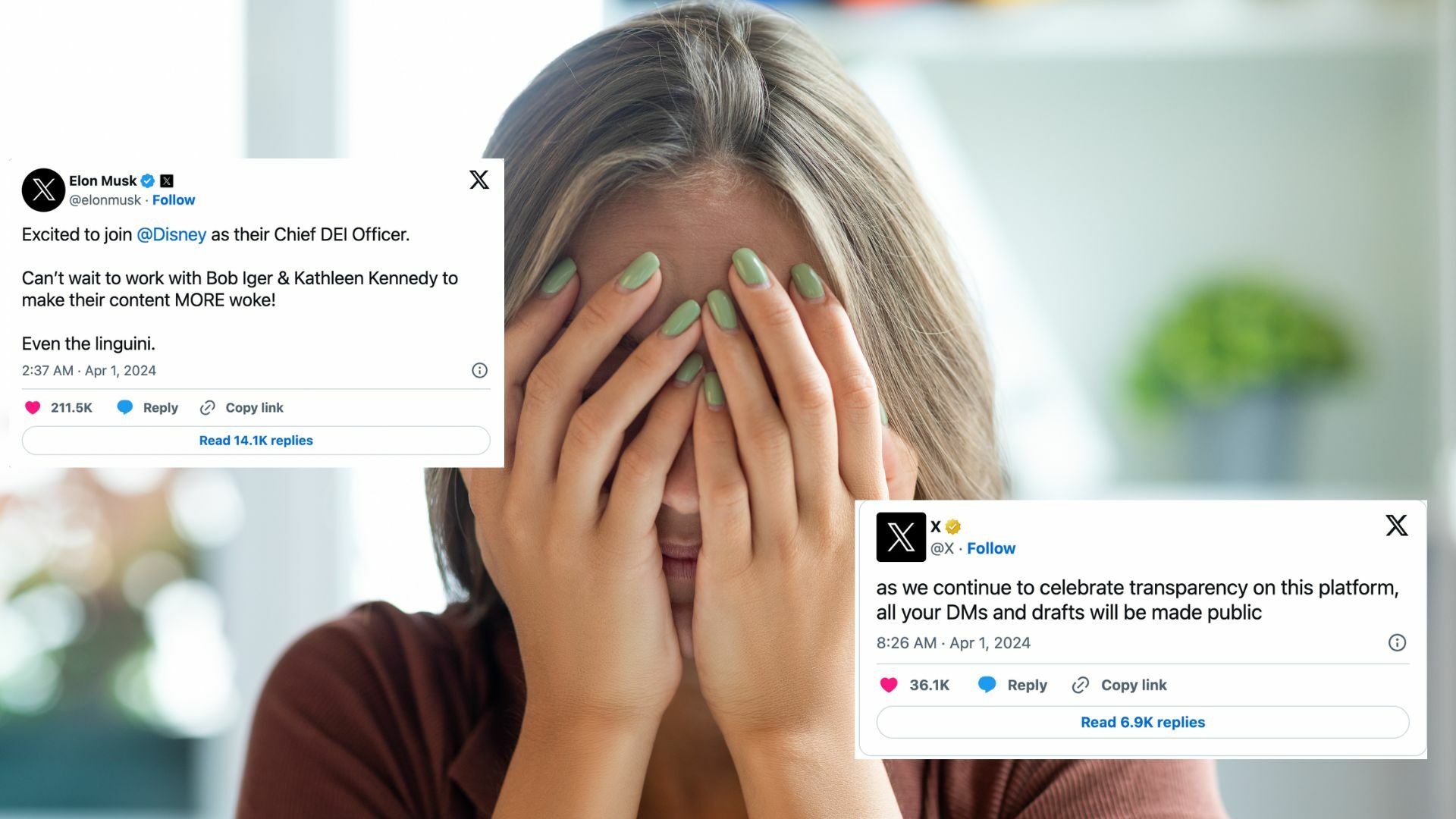 Woman receiving bad news overlayed with tweets from Elon Musk and his company X