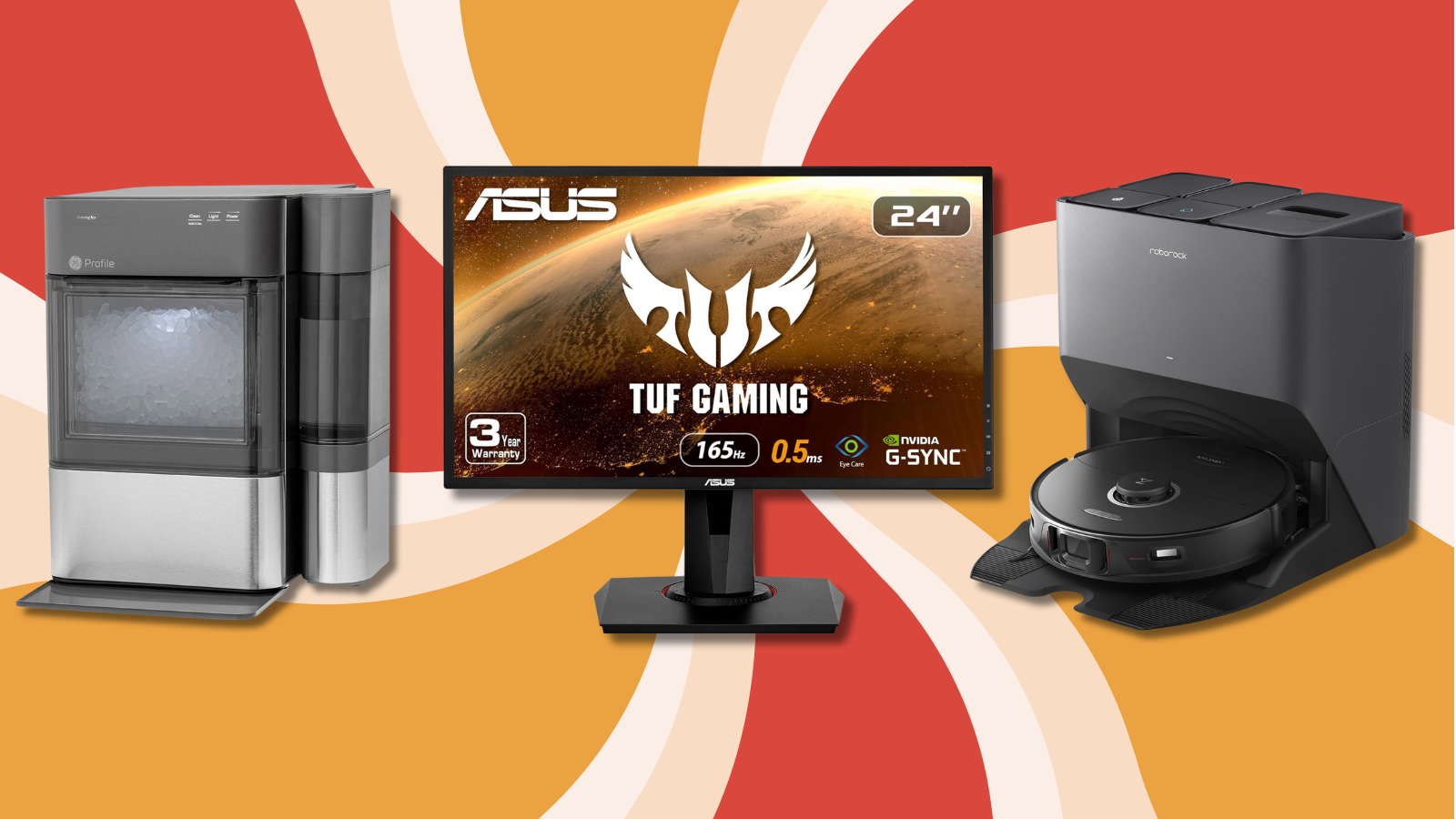 GE Profile ice maker, ASUS gaming monitor, and Roborock robot vacuum with orange, white, and red swirl background