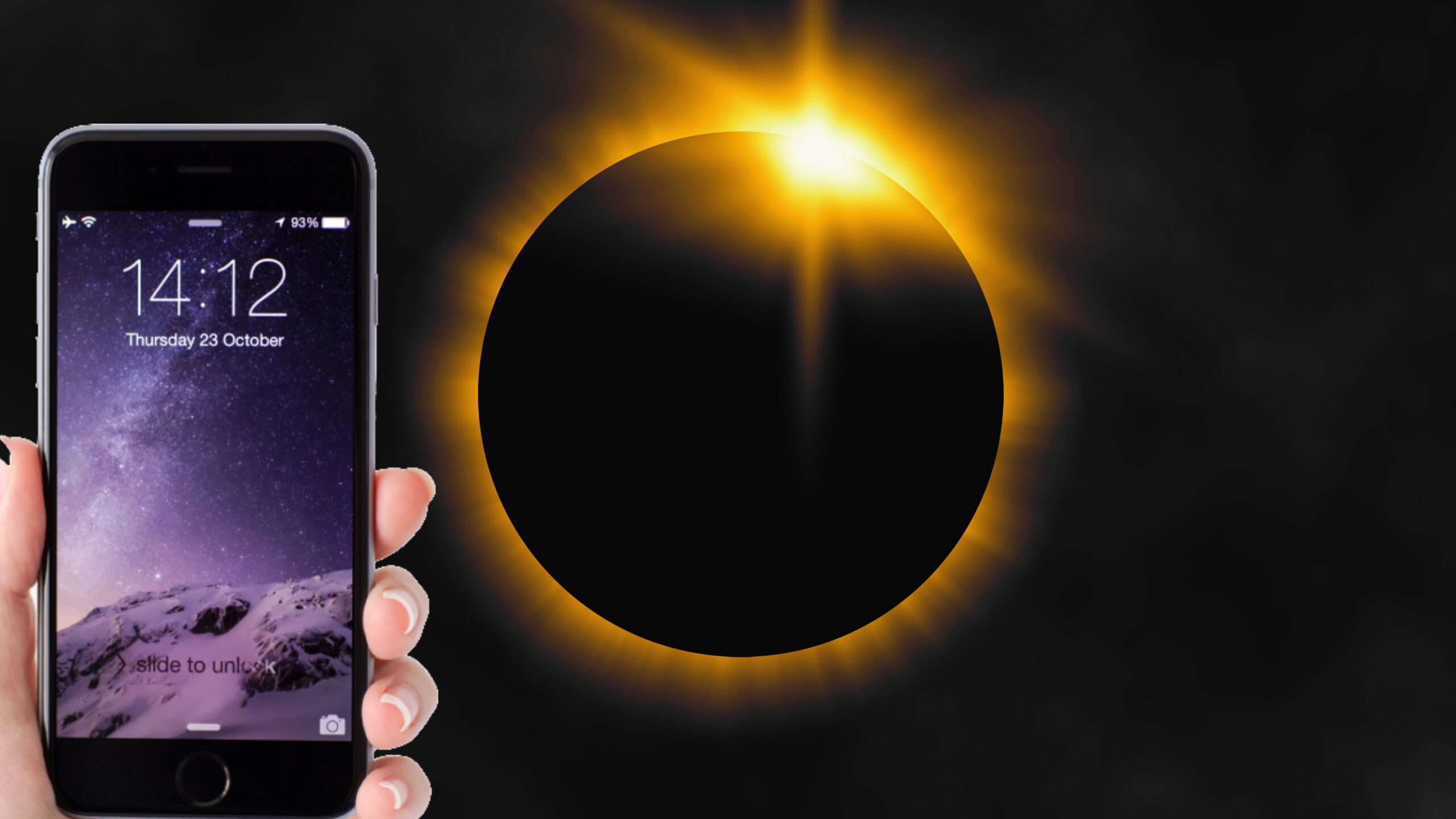 solar eclipse and an iPhone with a space background