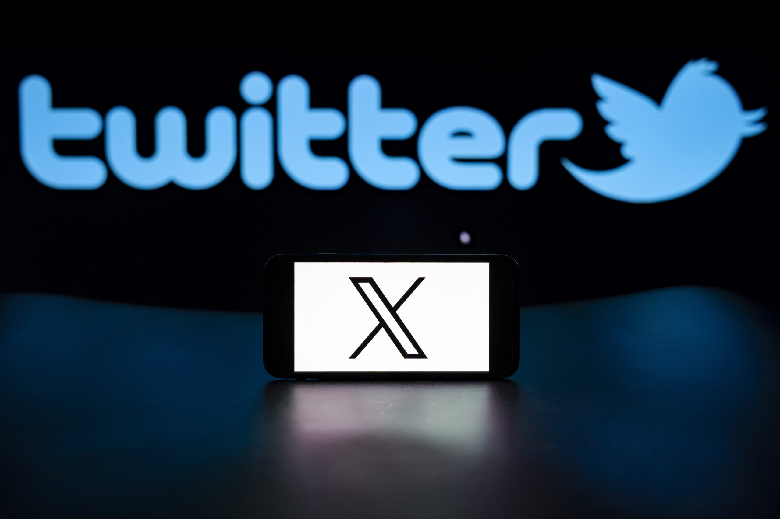 X logo on mobile device in front of the old Twitter logo