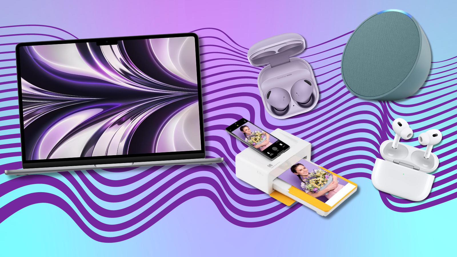MacBook Air, Samsung Galaxy Buds, Kodak printer, Echo Pop speaker, and AirPods Pro with blue and purple background