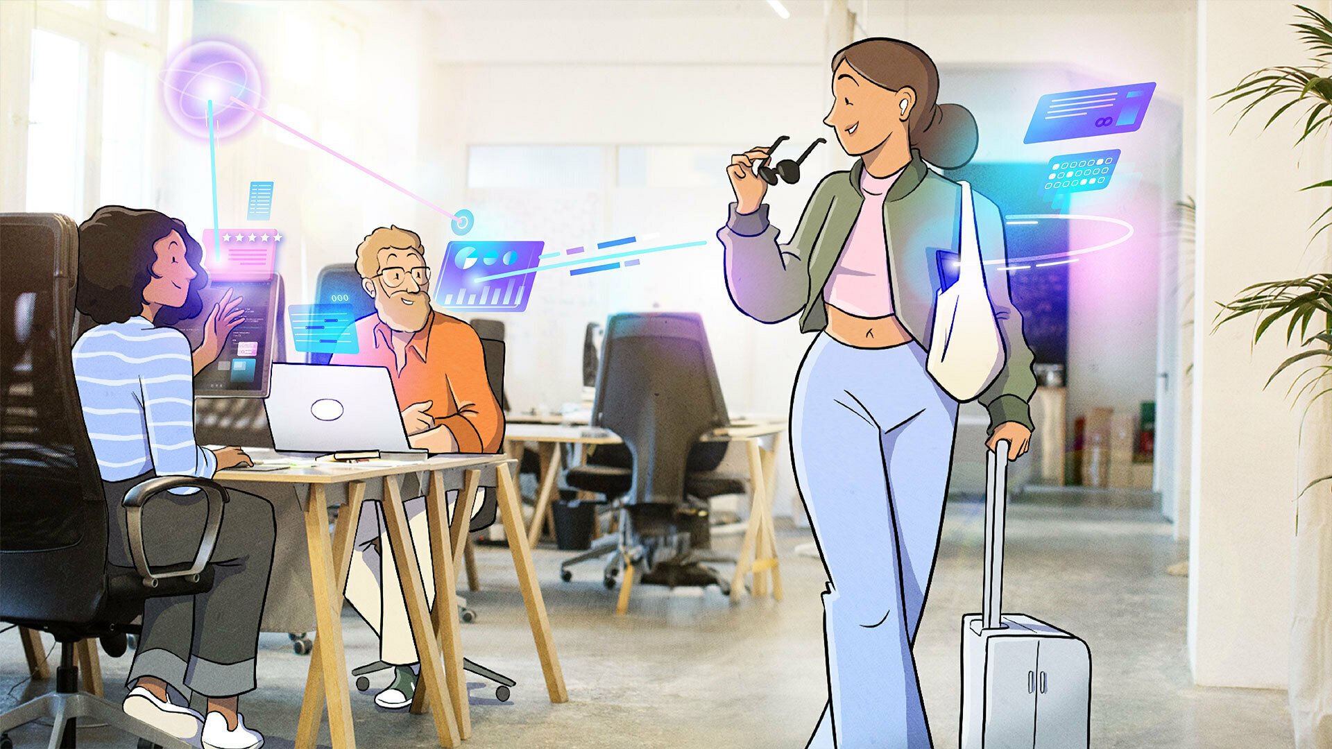 Illustration of woman walking into an office with AI symbolism throughout image