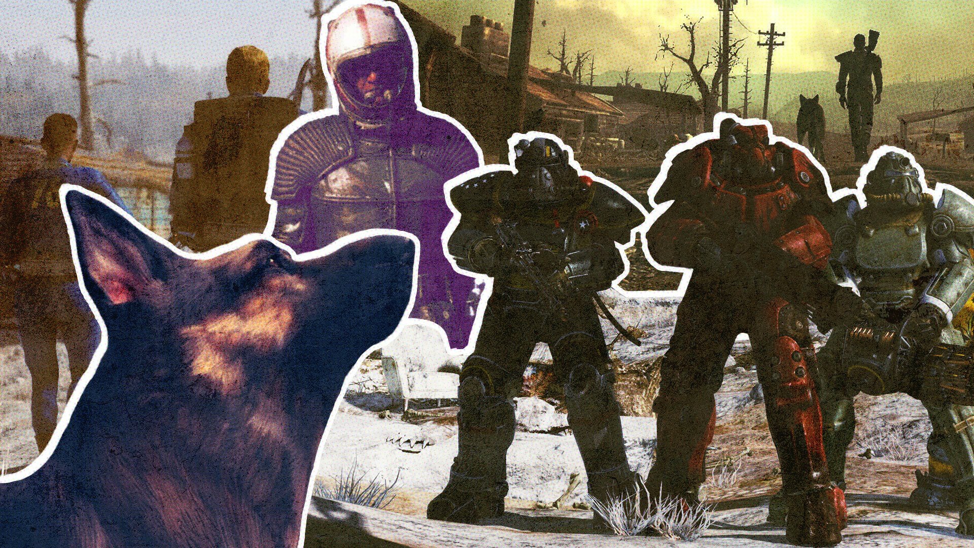 A collage image featuring characters and a dog from the video game 
