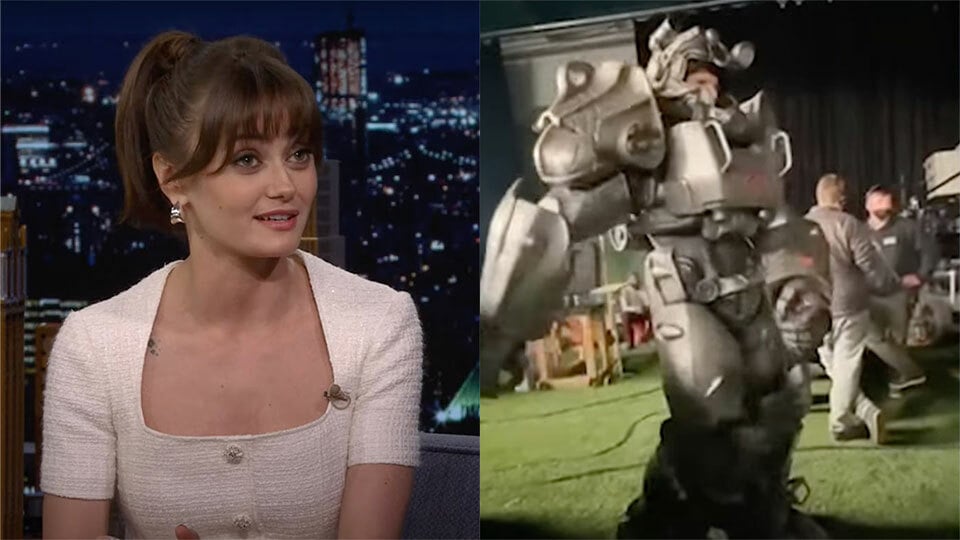 A side-by-side image shows a woman on a talk show on the left, and a man in a giant armored suit on the right.
