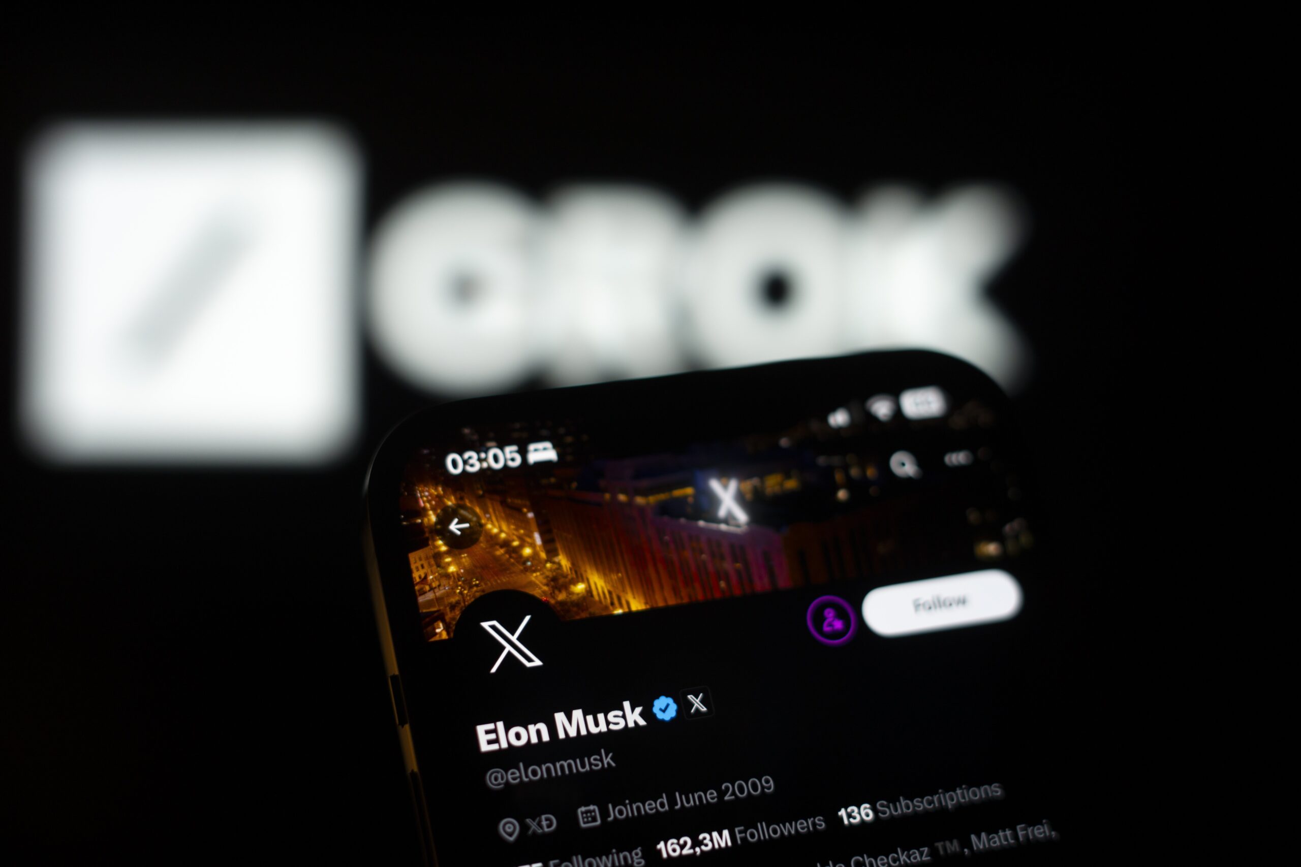 Elon Musk's X account with Grok logo in the background
