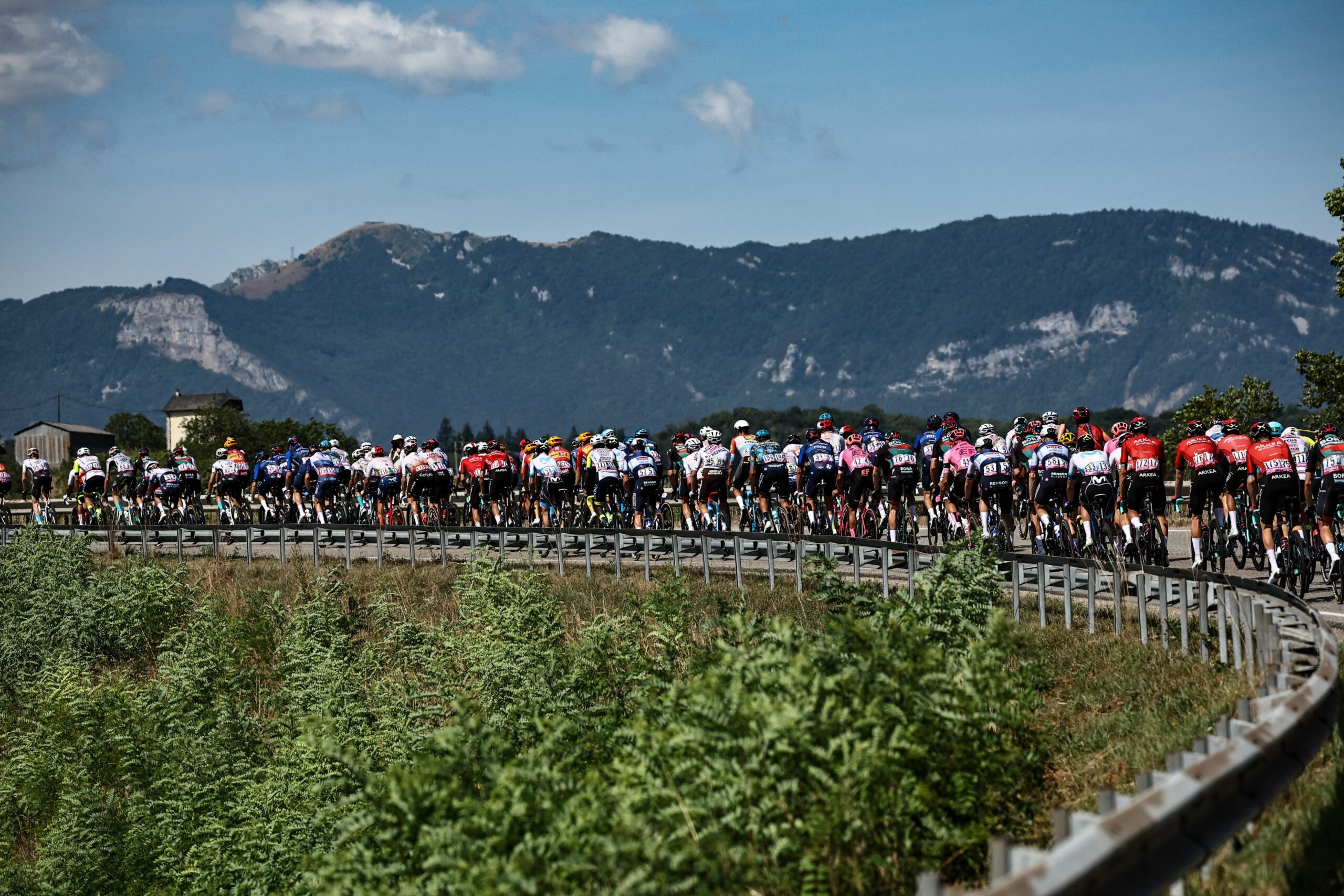 The pack of riders cycles during the 18th stage of the 110th edition of the Tour de France