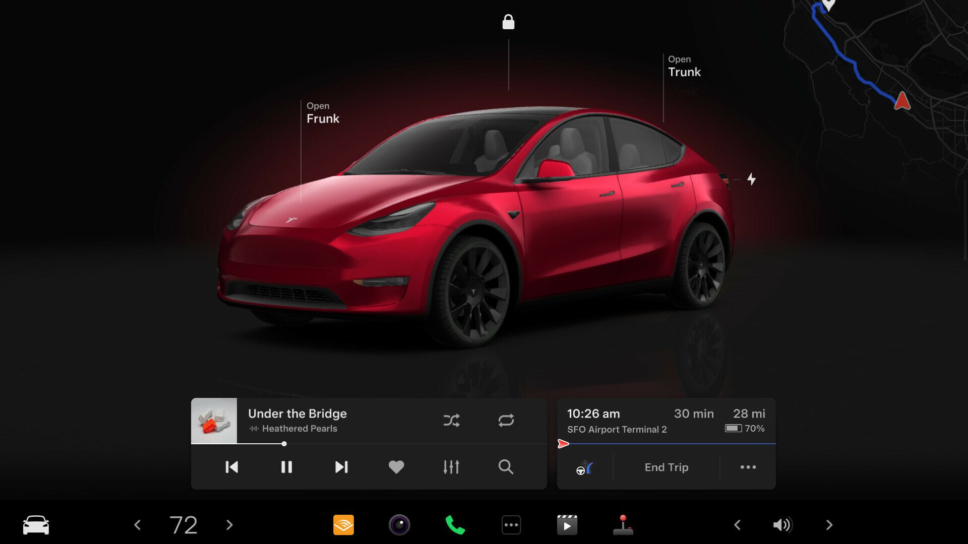 A view of the Tesla software with the car in the centre.