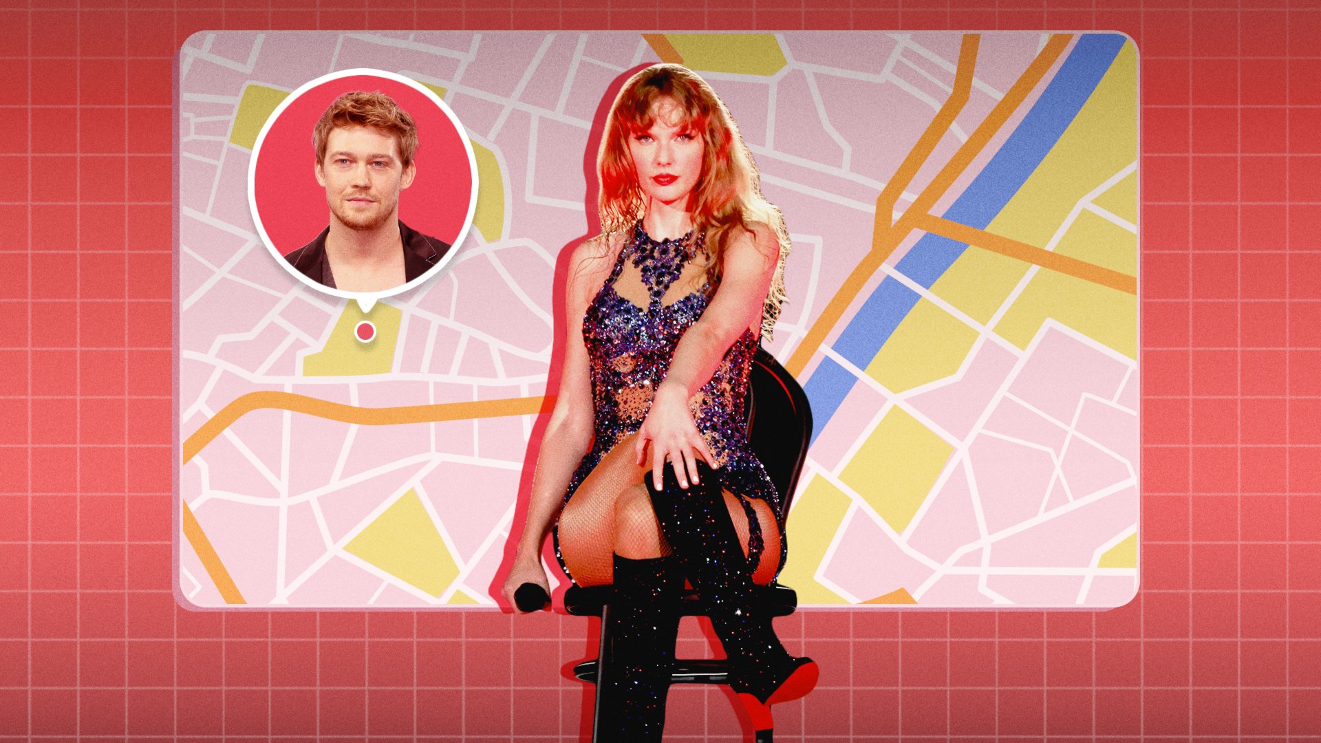 Taylor Swift superimposed onto a photo of a map with Joe Alwyn's photo on it. 