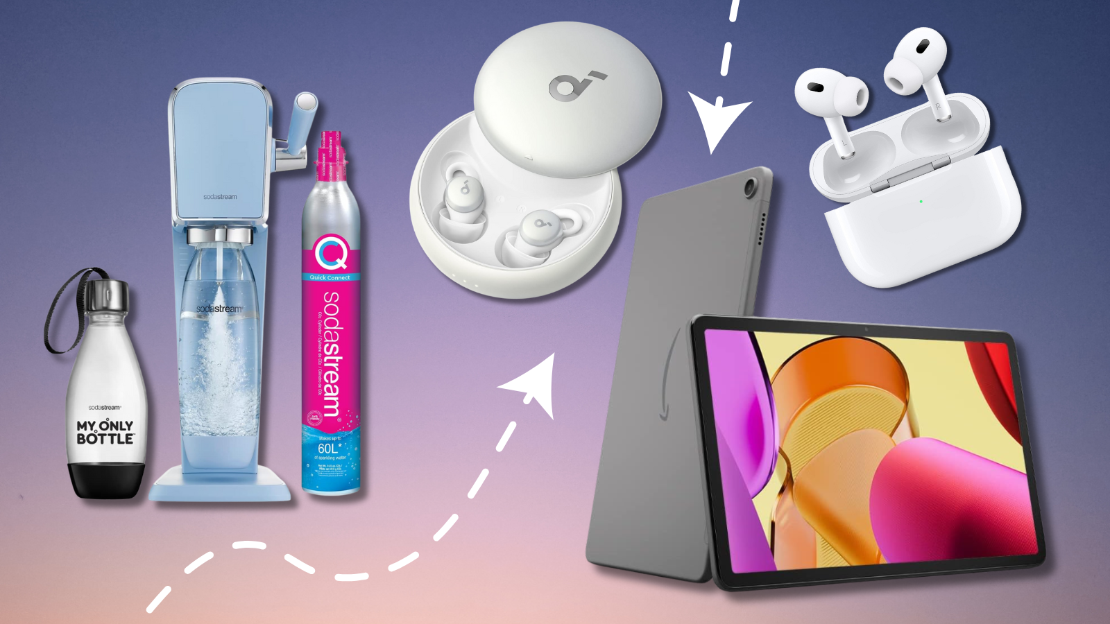 SodaStream Art, Soundcore Sleep earbuds, AirPods Pro, and Amazon Fire tablet with purple and pink gradient background