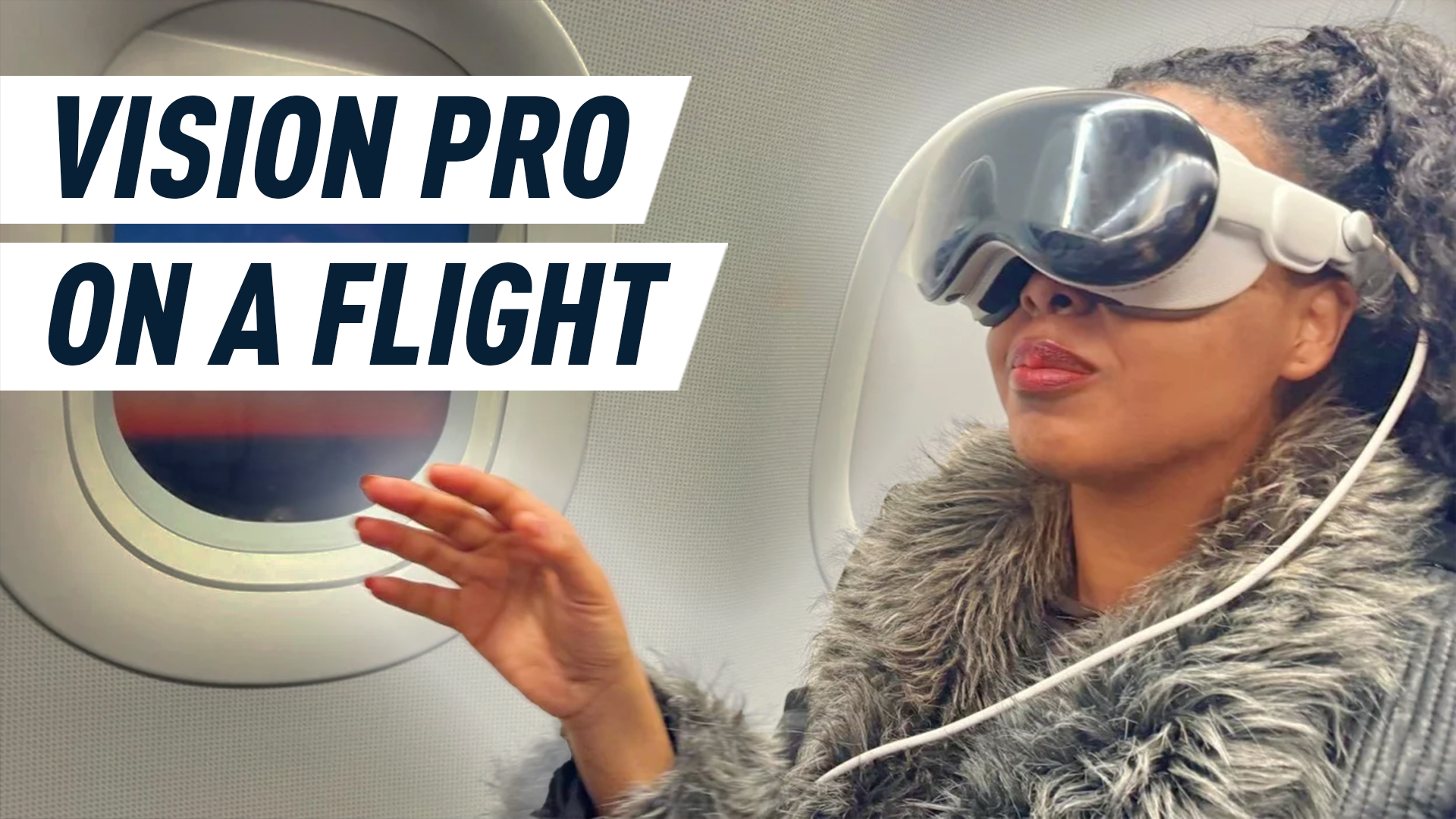 woman wearing the apple vision pro on a plane