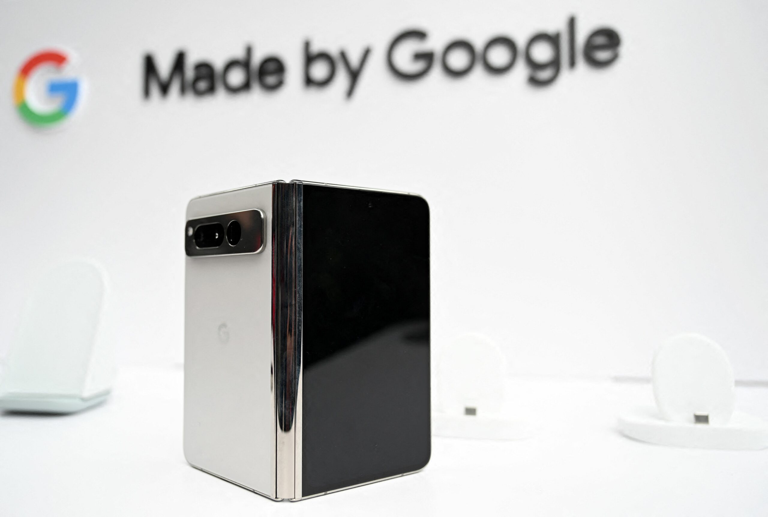 The new Google Pixel Fold phone is seen in a media area during the Google I/O, annual developers conference at Shoreline Amphitheatre in Mountain View, California