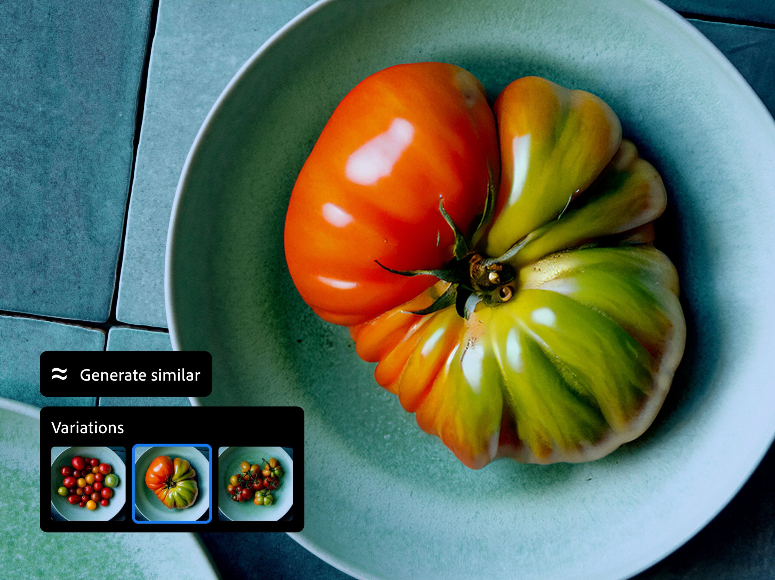 an ai-generated heirloom tomato in a blue bowl against a blue background
