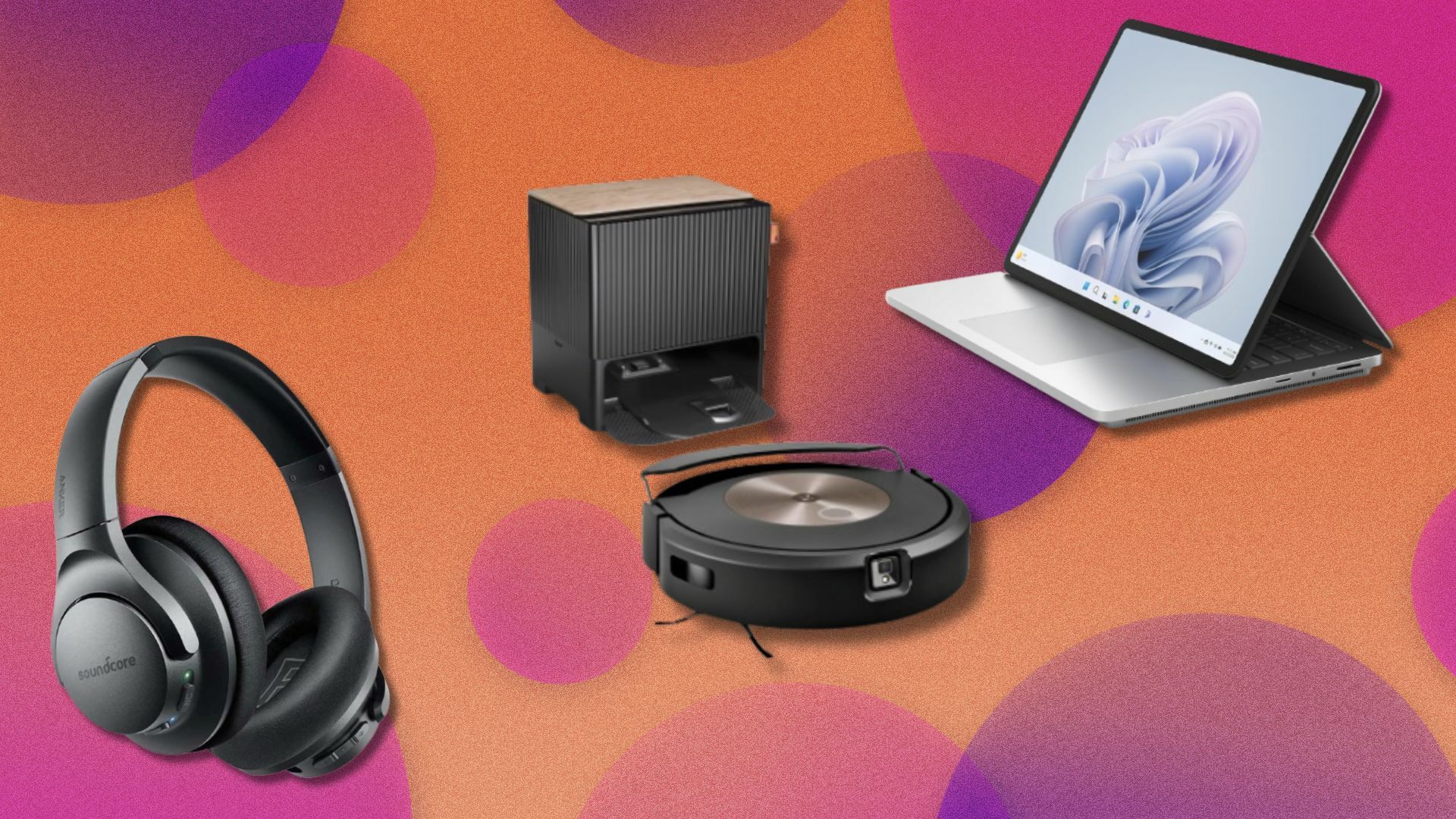 a pair of soundcore headphones, a iRobot roomba robot vacuum, and a microsoft surface laptop sit diagonally in a line on a pink background with orange and purple circles