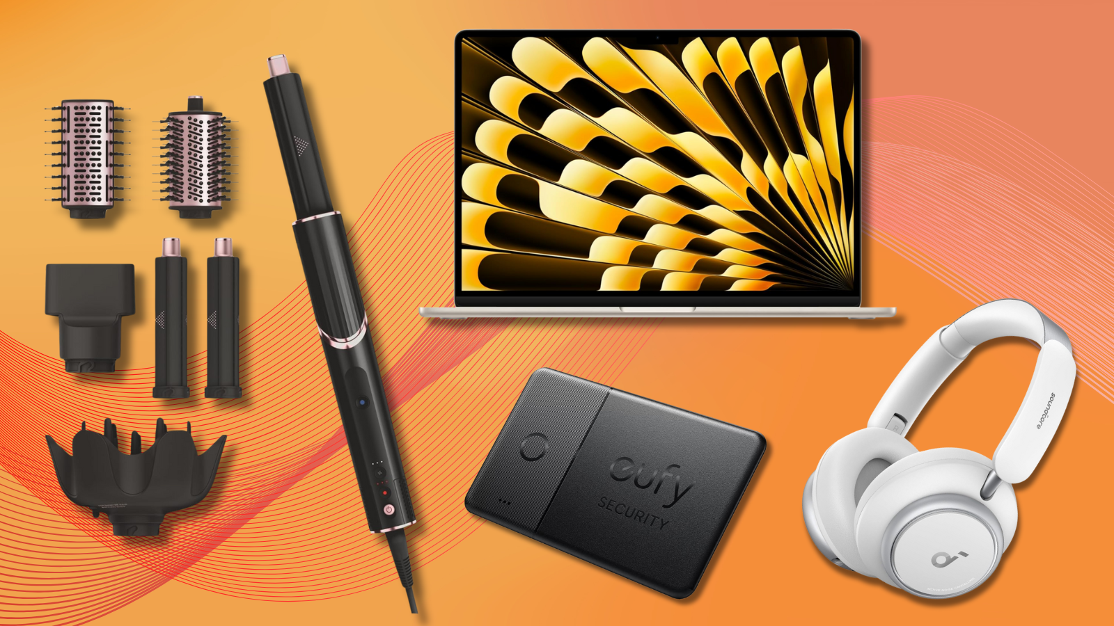 Shark FlexStyle, MacBook Air, eufy Security SmartTrack Card, and Soundcore headphones with orange gradient background