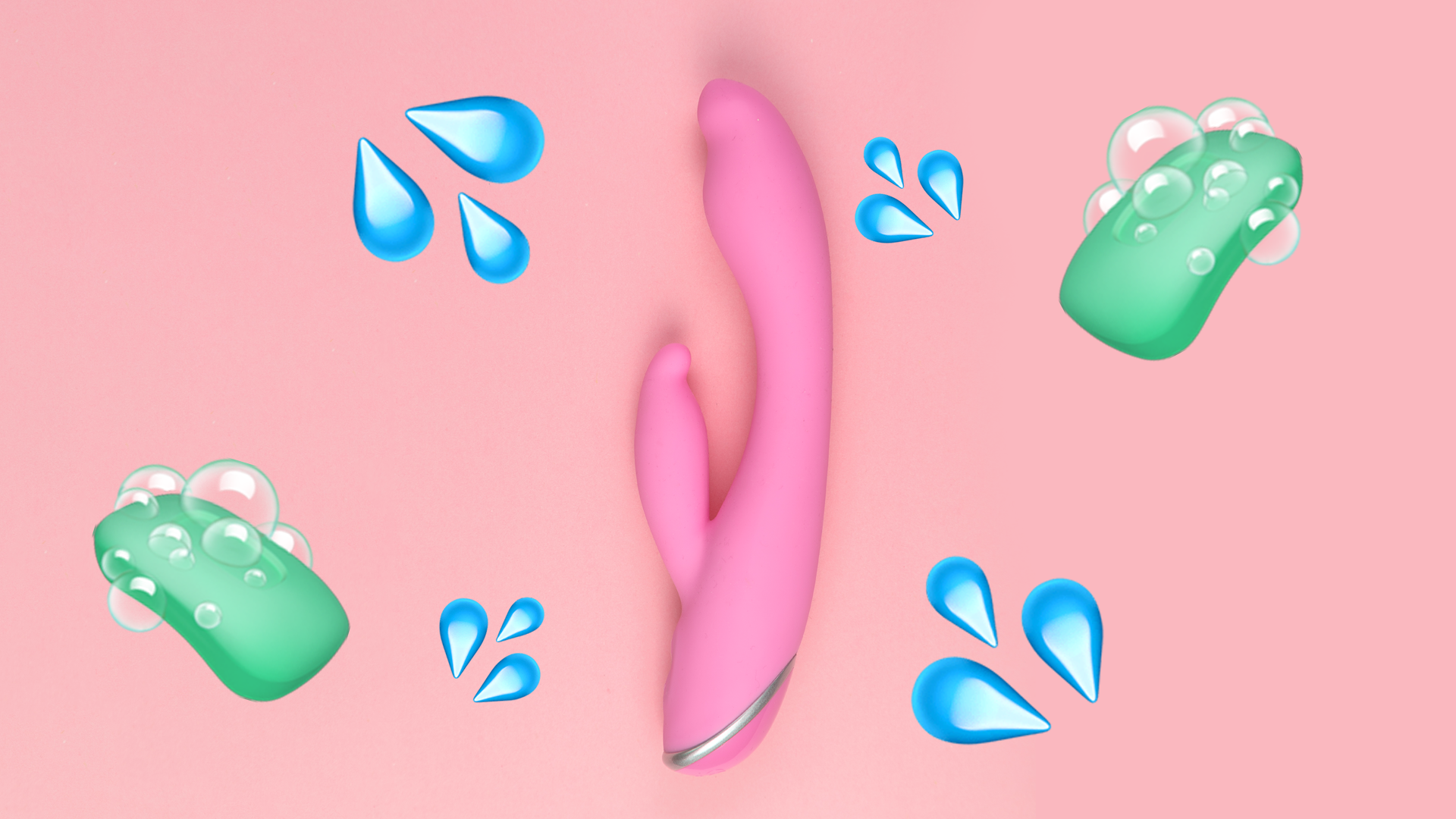 pink sex toy surrounded by water drop and soap emojis