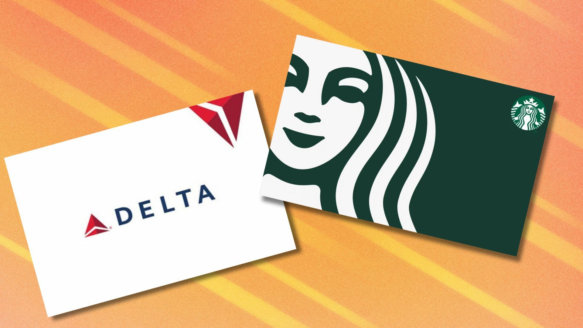 a delta gift card and a starbucks gift card on a orange streaky background
