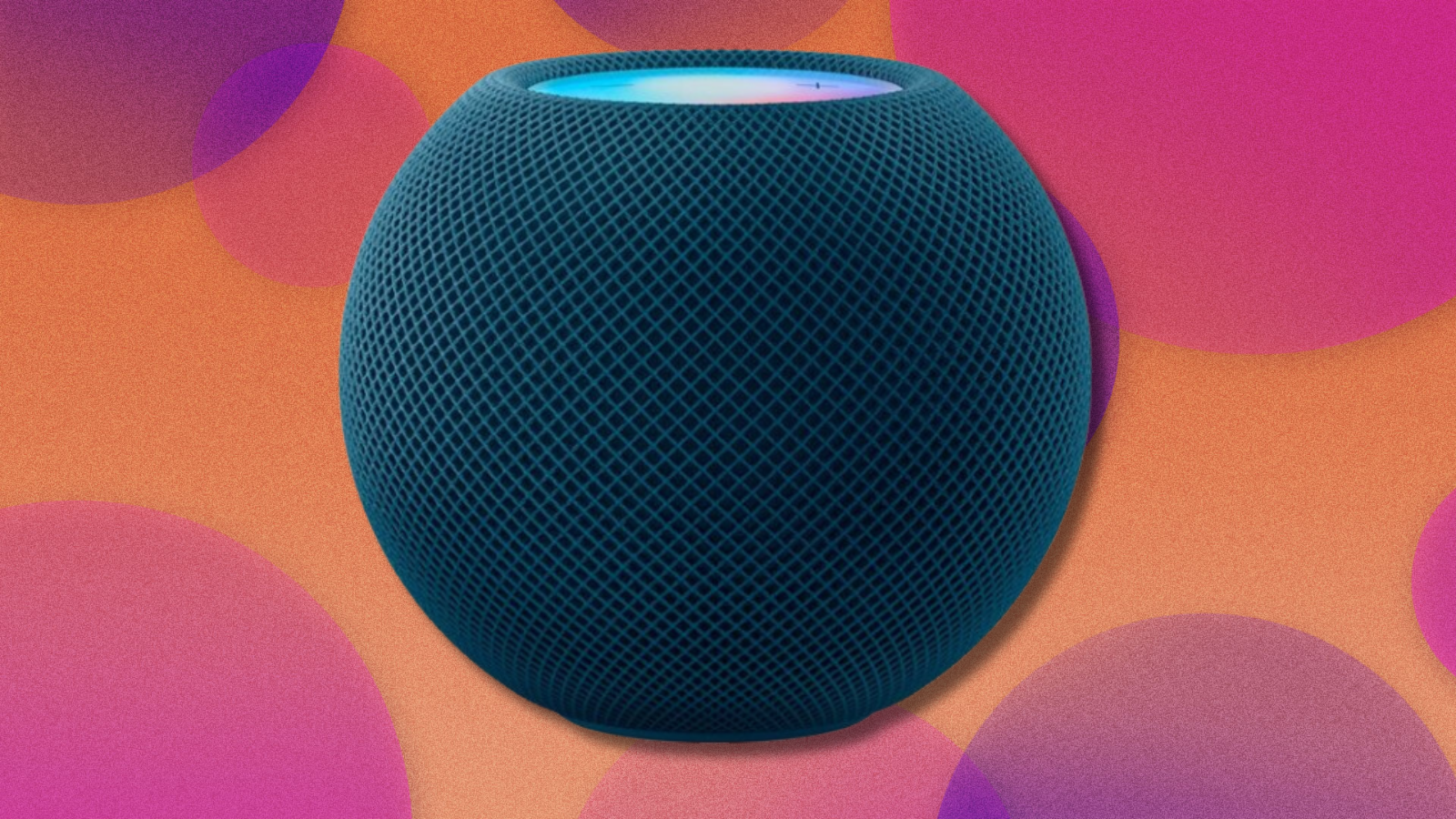 Apple HomePod Mini in orange and purple abstract background