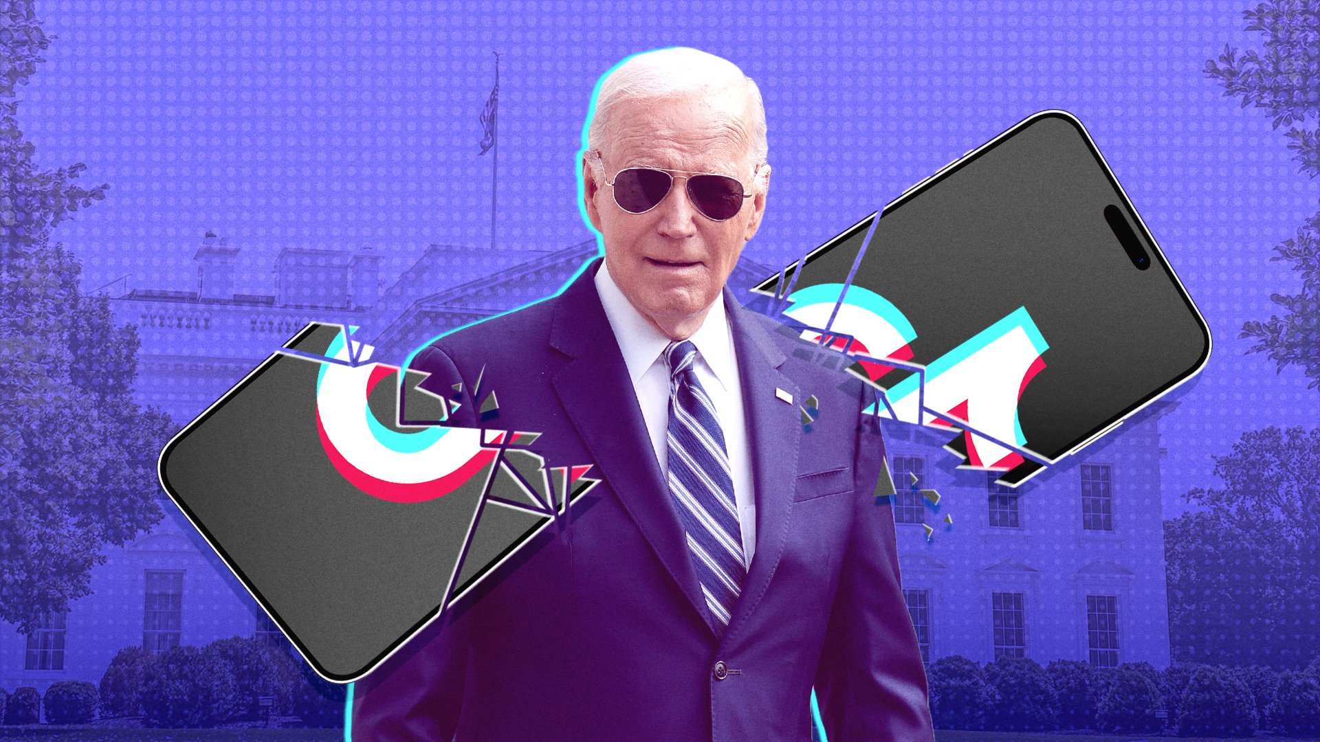 A picture of Joe Biden against a backdrop of a broken phone screen with the TikTok logo.