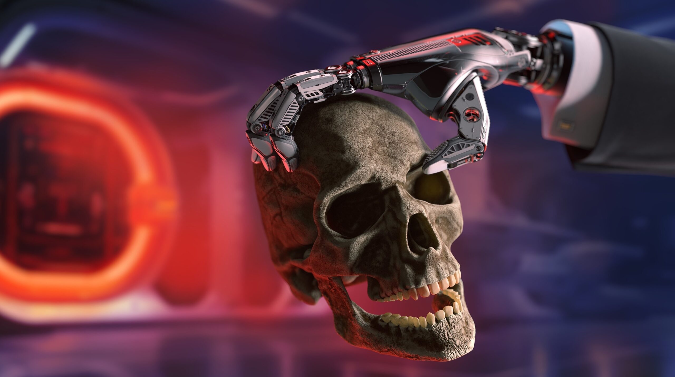 robotic hand holding a skull