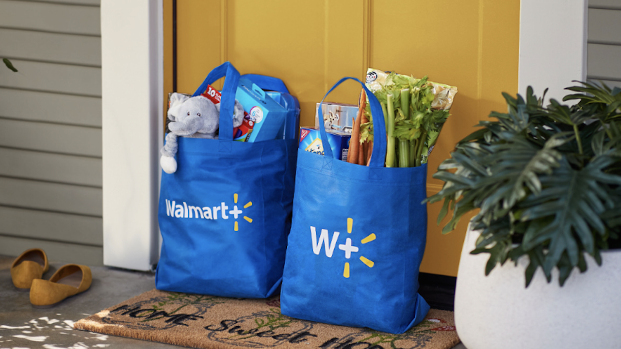 Walmart grocery bags sitting on a doorstep