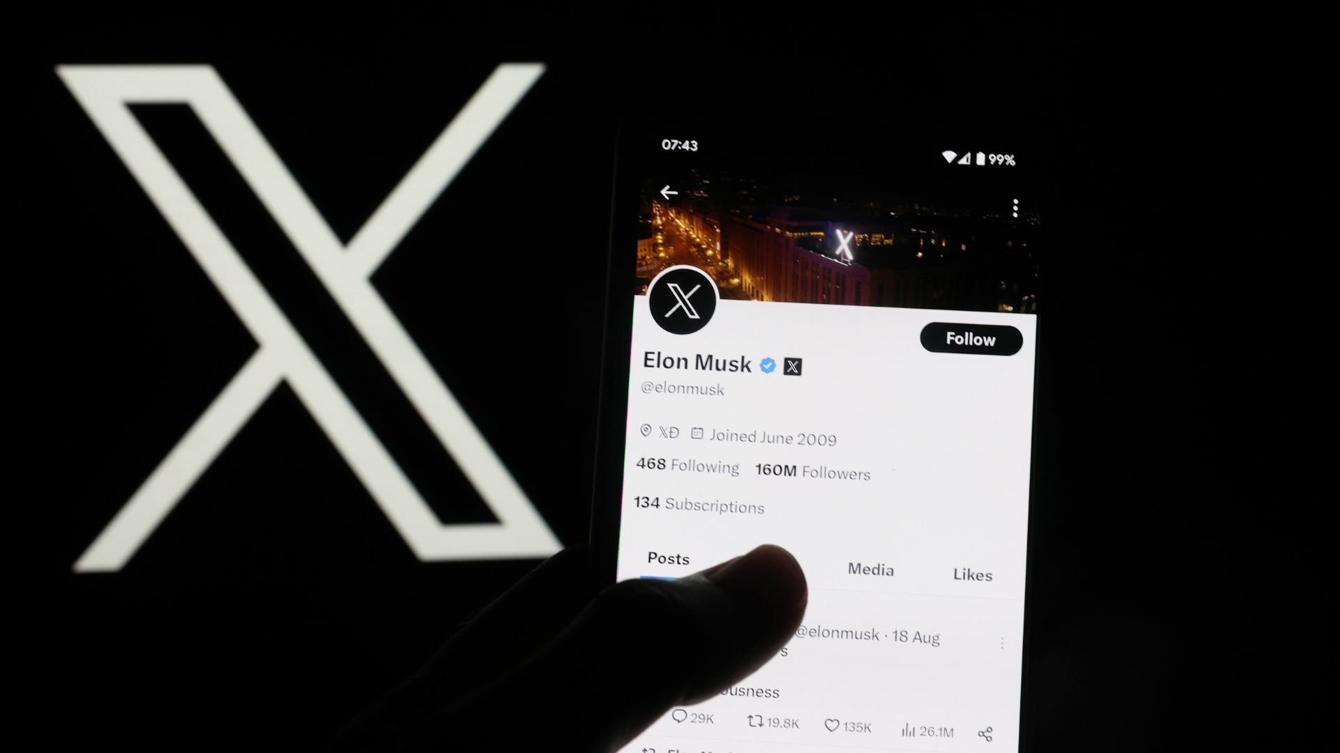 Elon Musk account on Twitter X is displayed on a smartphone.