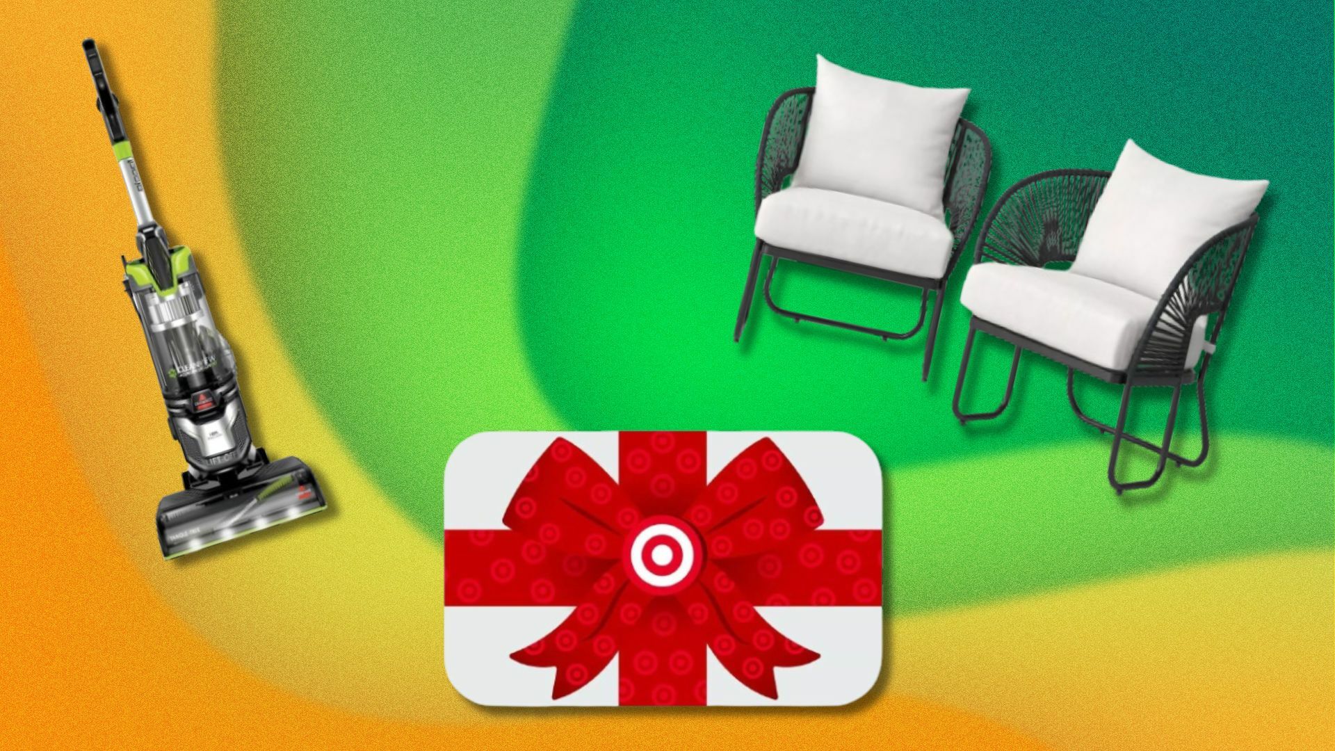 a bissell vacuum cleaner, target gift card, and outdoor patio chairs on a yellow and green wavy background