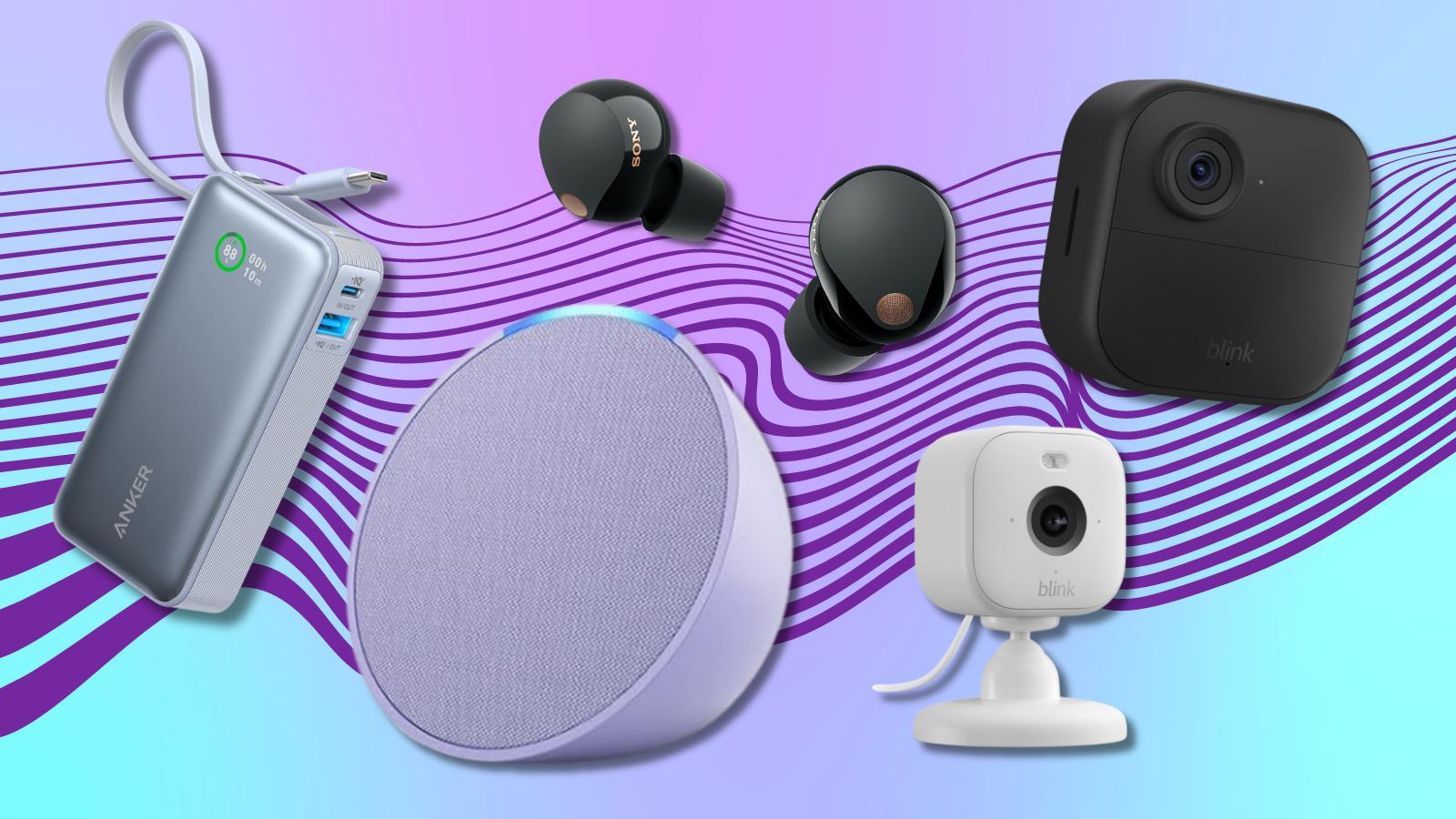 Anker power bank, Echo Pop speaker, Sony earbuds, and Blink cameras with blue and purple background