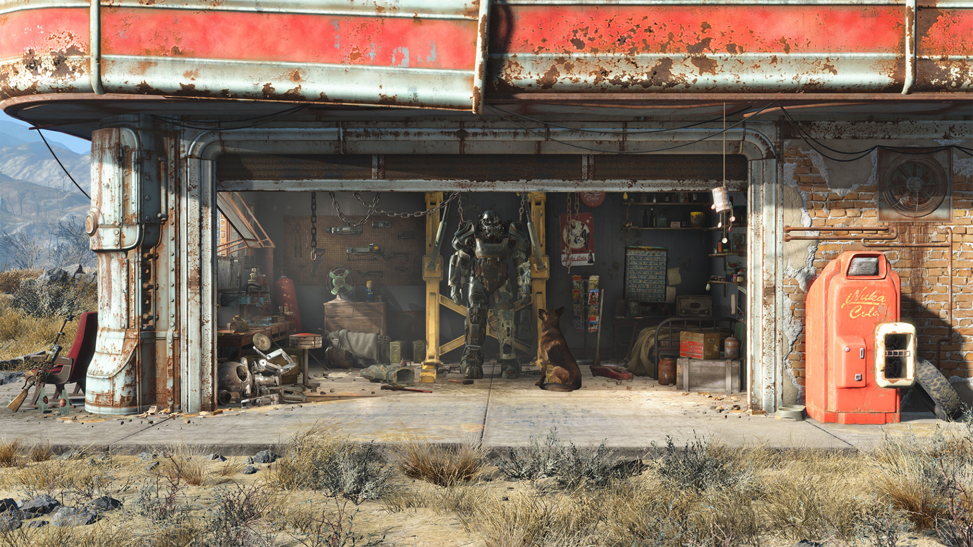 A rundown garage in a desolate landscape with a vintage gas pump outside and a power armor suit standing inside next to a dog.