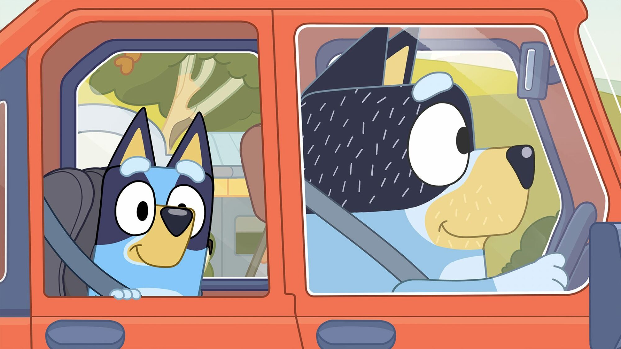 Bluey in the backseat of a car, looking out the window with a smile as her father Bingo drives.