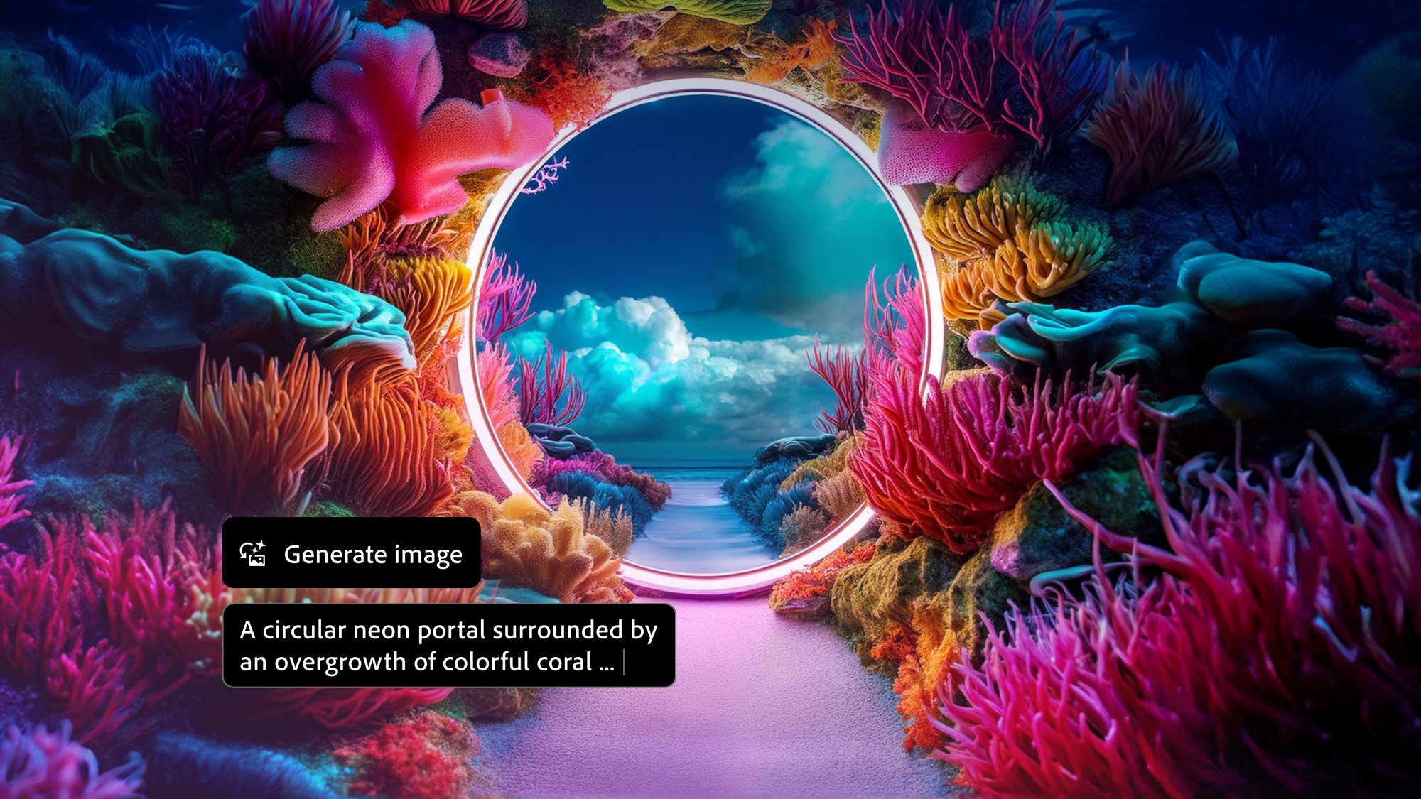 ai-generated image of a neon portal surrounded by coral with the generate image prompt in the lower lefthand corner